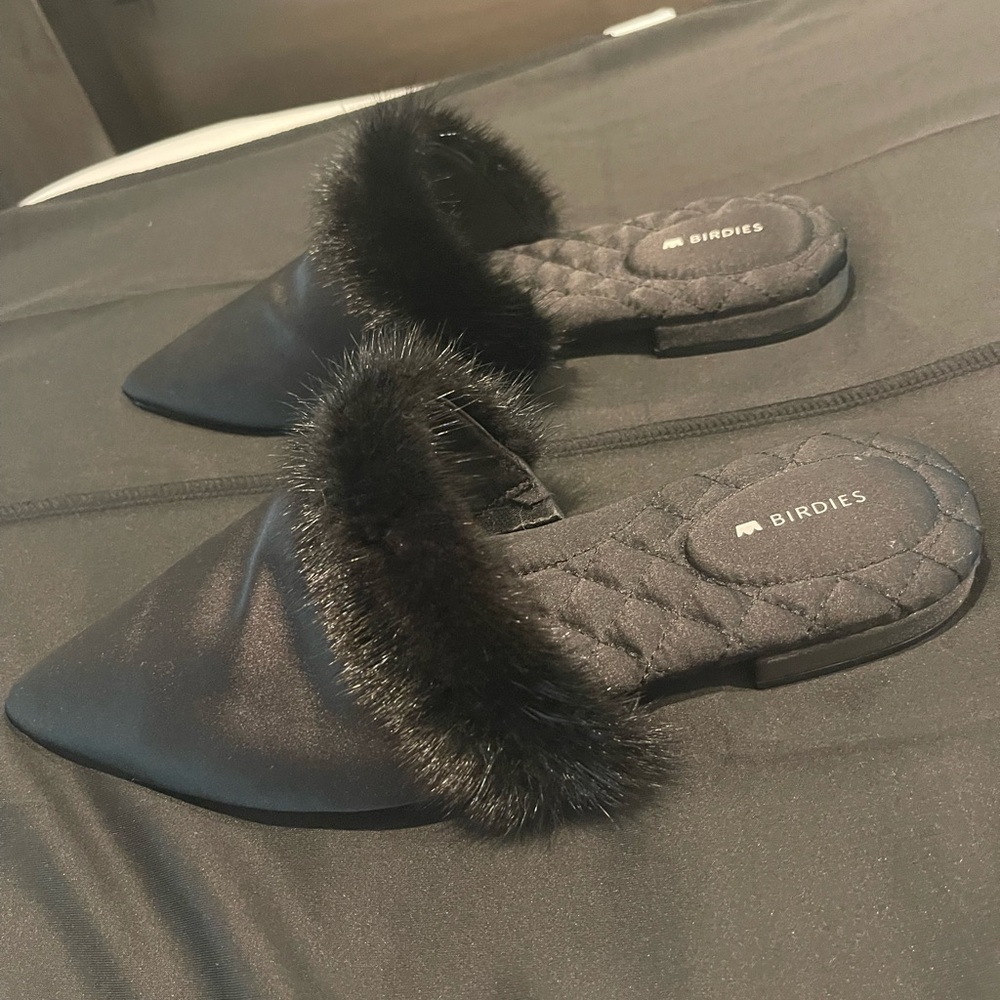 Birdies Genuine Black Fur-Trimmed Mules